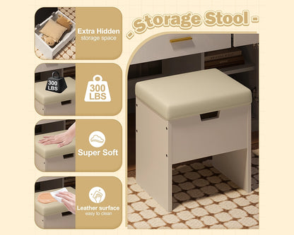 47.2" Makeup Vanity Set with LED Mirror, Storage Stool & Drawers - White