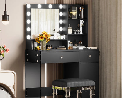 35.40“ Vanity Desk with LED Mirror & 3 Light Modes