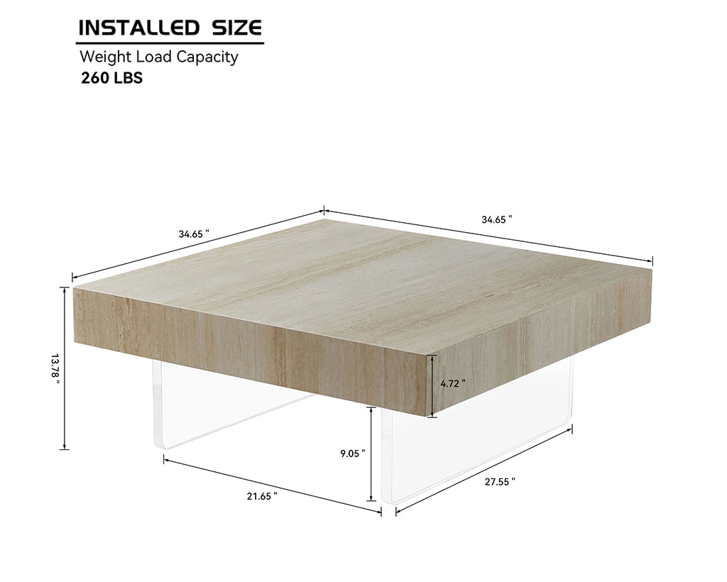 34.65'' Square Faux Travertine Coffee Table with Acrylic Legs, Modern MDF Design