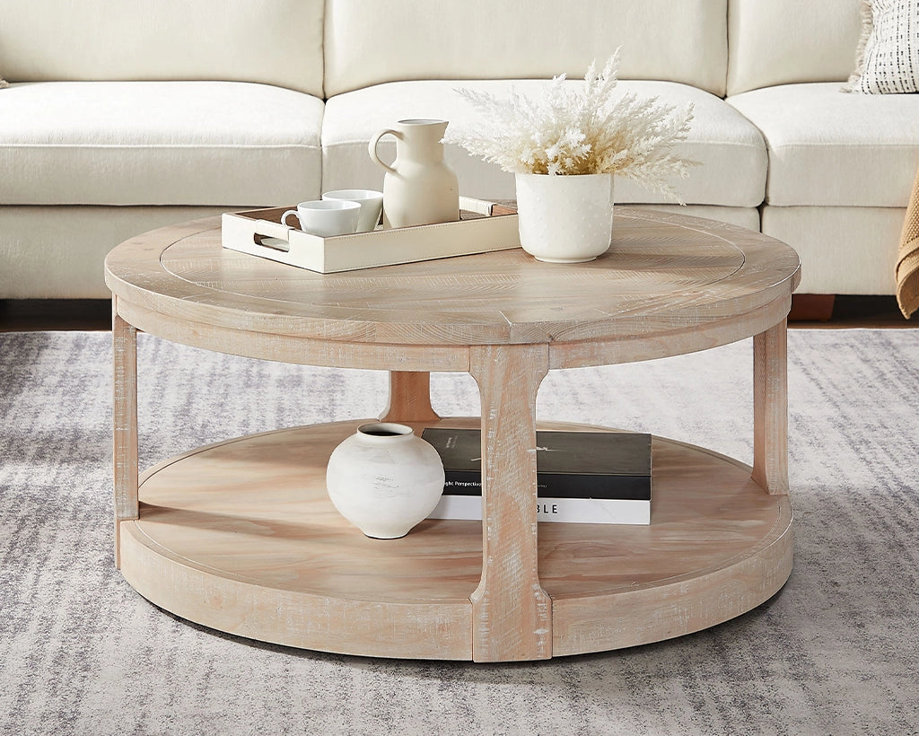 40-Inch Curved 2-Tier Round Wooden Coffee Table with Wheels, Mid-Century Rustic Style