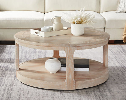 40-Inch Curved 2-Tier Round Wooden Coffee Table with Wheels, Mid-Century Rustic Style