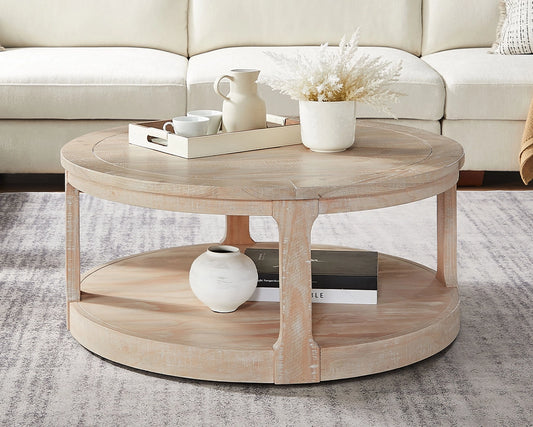 40-Inch Curved 2-Tier Round Wooden Coffee Table with Wheels, Mid-Century Rustic Style