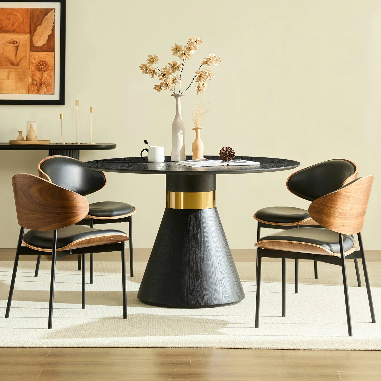 47.24" Round Dining Table – Black & Gold Pedestal, Glam
