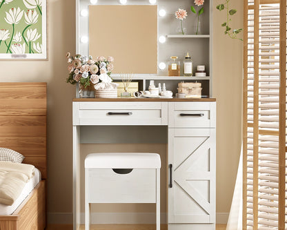 31.50“ Farmhouse Vanity Set w/ LED Mirror, Stool & Storage - White