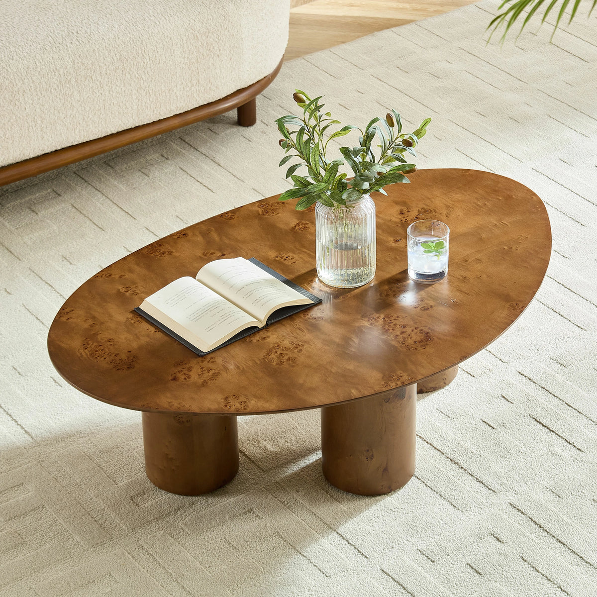 43.31" Burl Veneer Oval Coffee Table – 3 Cylindrical Legs, Mid-Century