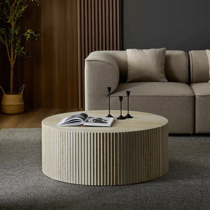 Faux Travertine Round Coffee Table with Eye-Catching Relief Design