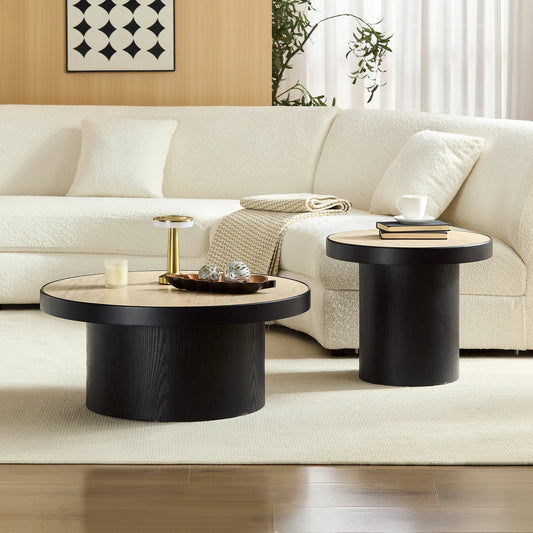 31.50“ Set of 2 MDF Round Coffee Tables with Sintered Stone Top - Black
