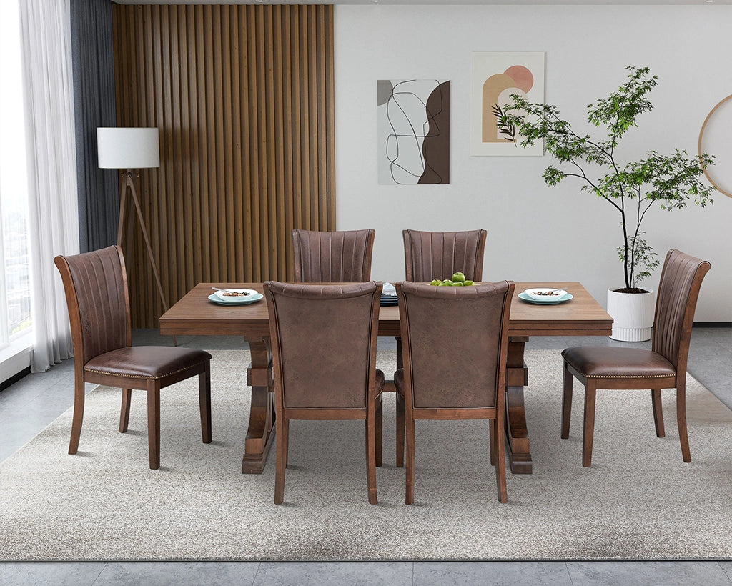 Mid Century Modern 7-Pc Dining Set: Faux Leather Chairs & Rubber Wood Table