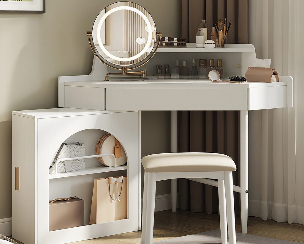 Corner Makeup Vanity Desk with LED Lights, Storage & Stool