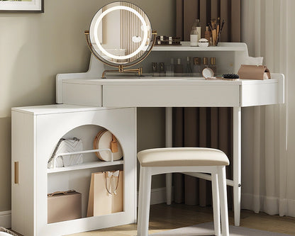 Corner Makeup Vanity Desk with LED Lights, Storage & Stool
