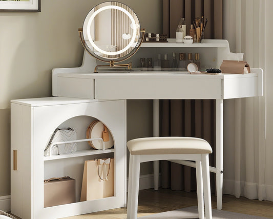 Corner Makeup Vanity Desk with LED Lights, Storage & Stool