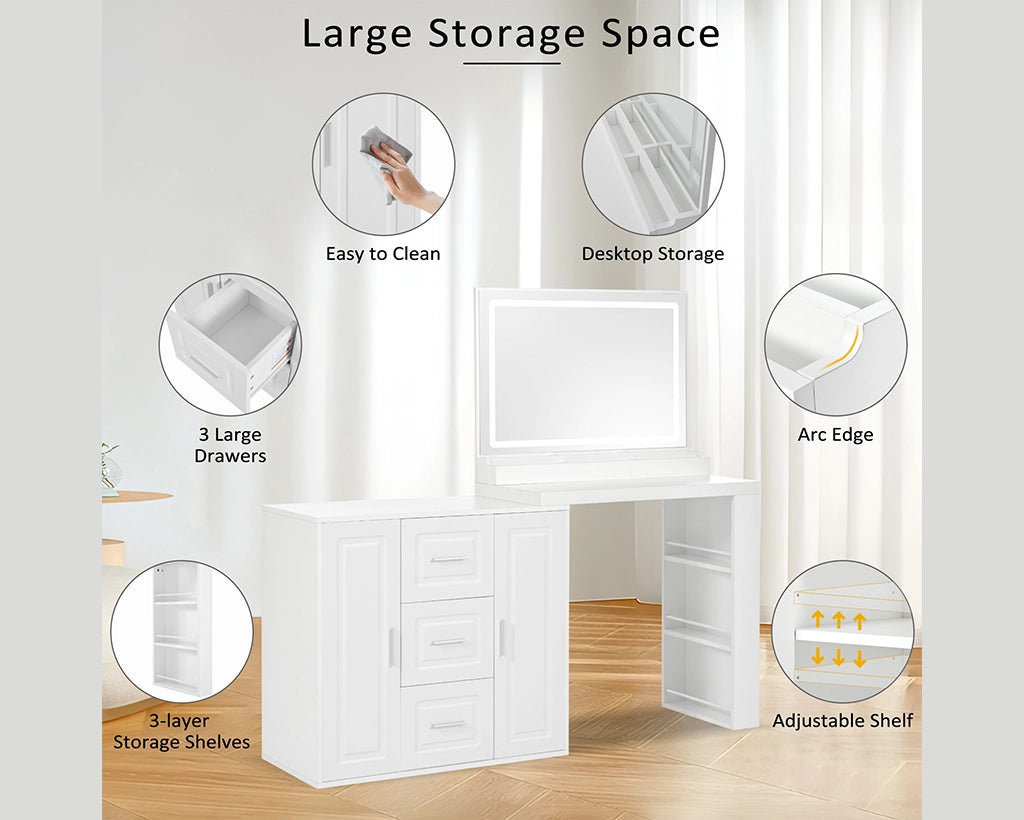 59" Lighted Mirror Vanity Desk with Drawers & Cabinets - White