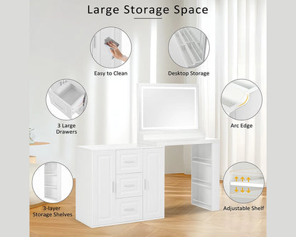 59" Lighted Mirror Vanity Desk with Drawers & Cabinets - White
