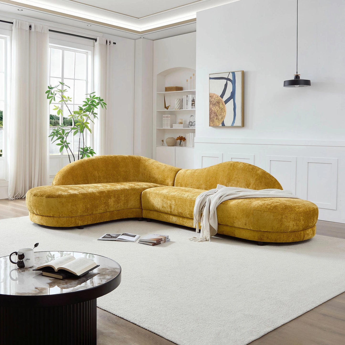 113.78" Mid-Century Chaise Sofa – Right Facing, Upholstered, Yellow