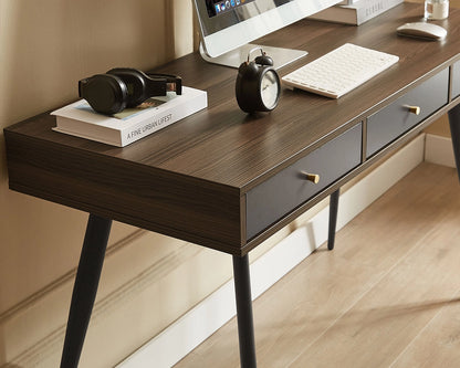 Mid Century Modern Desk with 3 Drawers, Walnut & Dark Grey