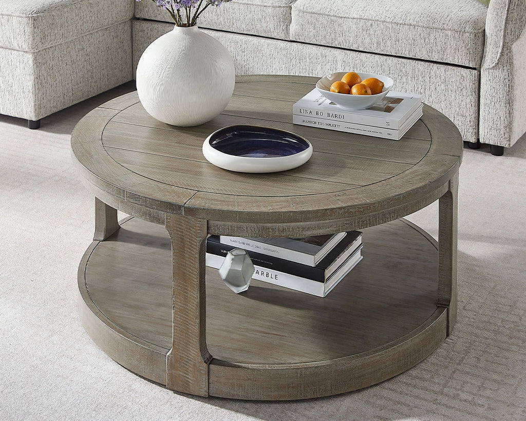 40-Inch Curved 2-Tier Round Wooden Coffee Table with Wheels, Mid-Century Rustic Style