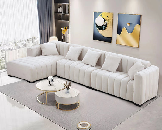 139'' Channel Velvet Material Tufted Sofa Velvet Upholstered Left Chaise Modular Sofa beige