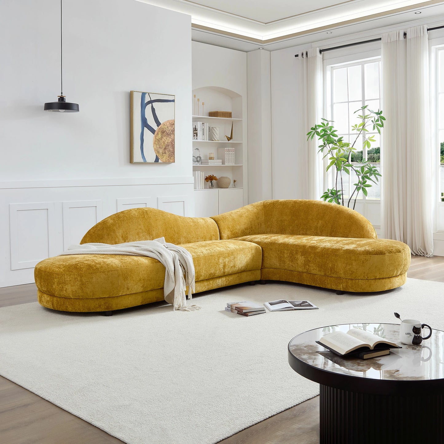 113.78" Mid-Century Chaise Sofa – Right Facing, Upholstered, Yellow