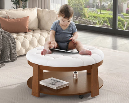 Modern Large Round Ottoman Coffee Table 2-Tier Oversized Button Tufted Ottoman
