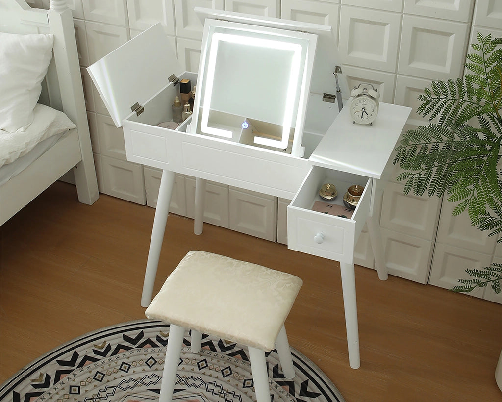 Vanity Desk Set with LED Mirror, Power Outlet & Storage