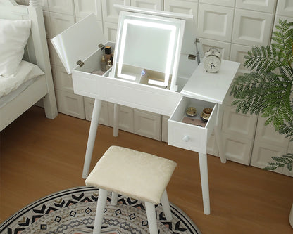 Vanity Desk Set with LED Mirror, Power Outlet & Storage