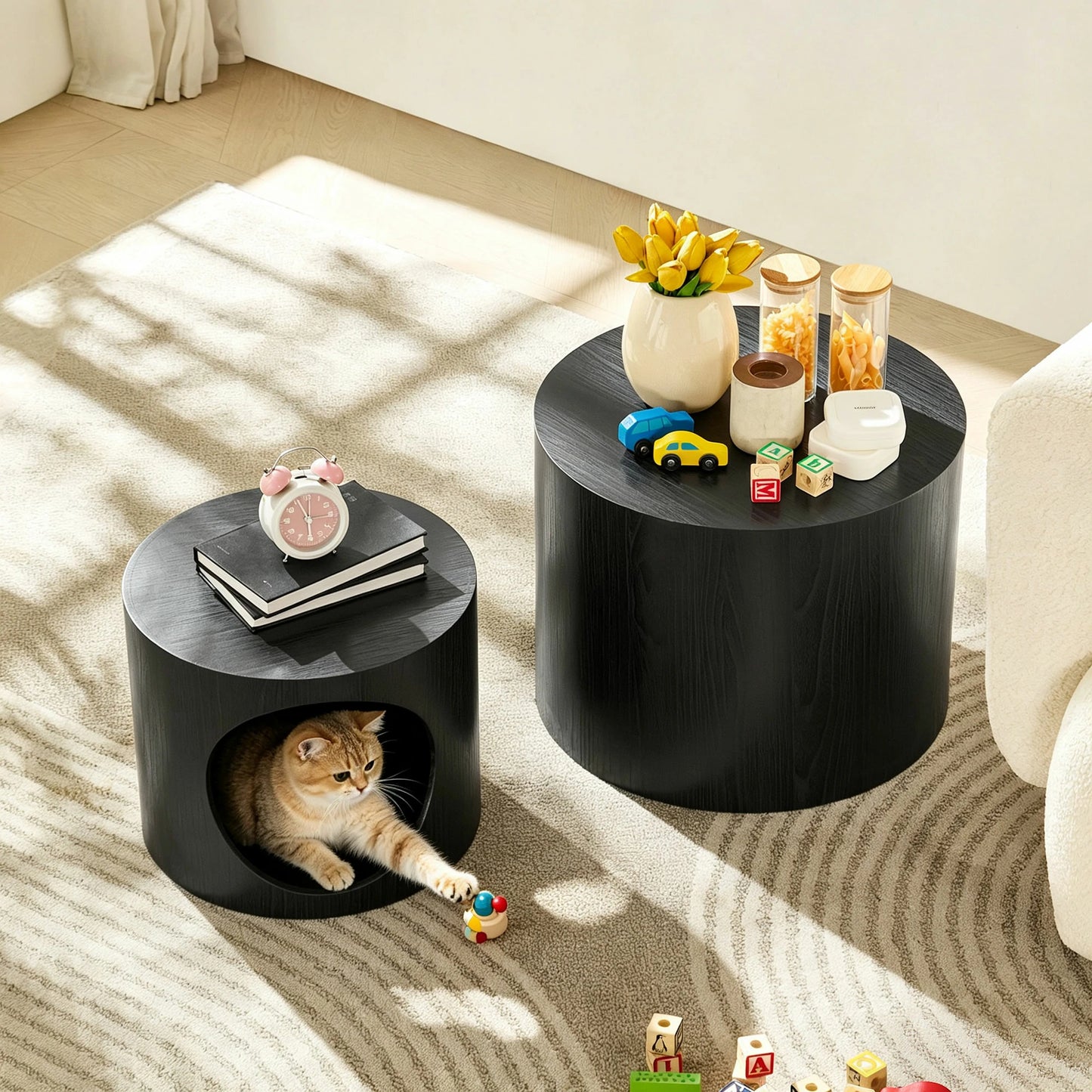 Cat Nest Stool Set – 2-Piece Round Nesting Coffee Tables, No Assembly