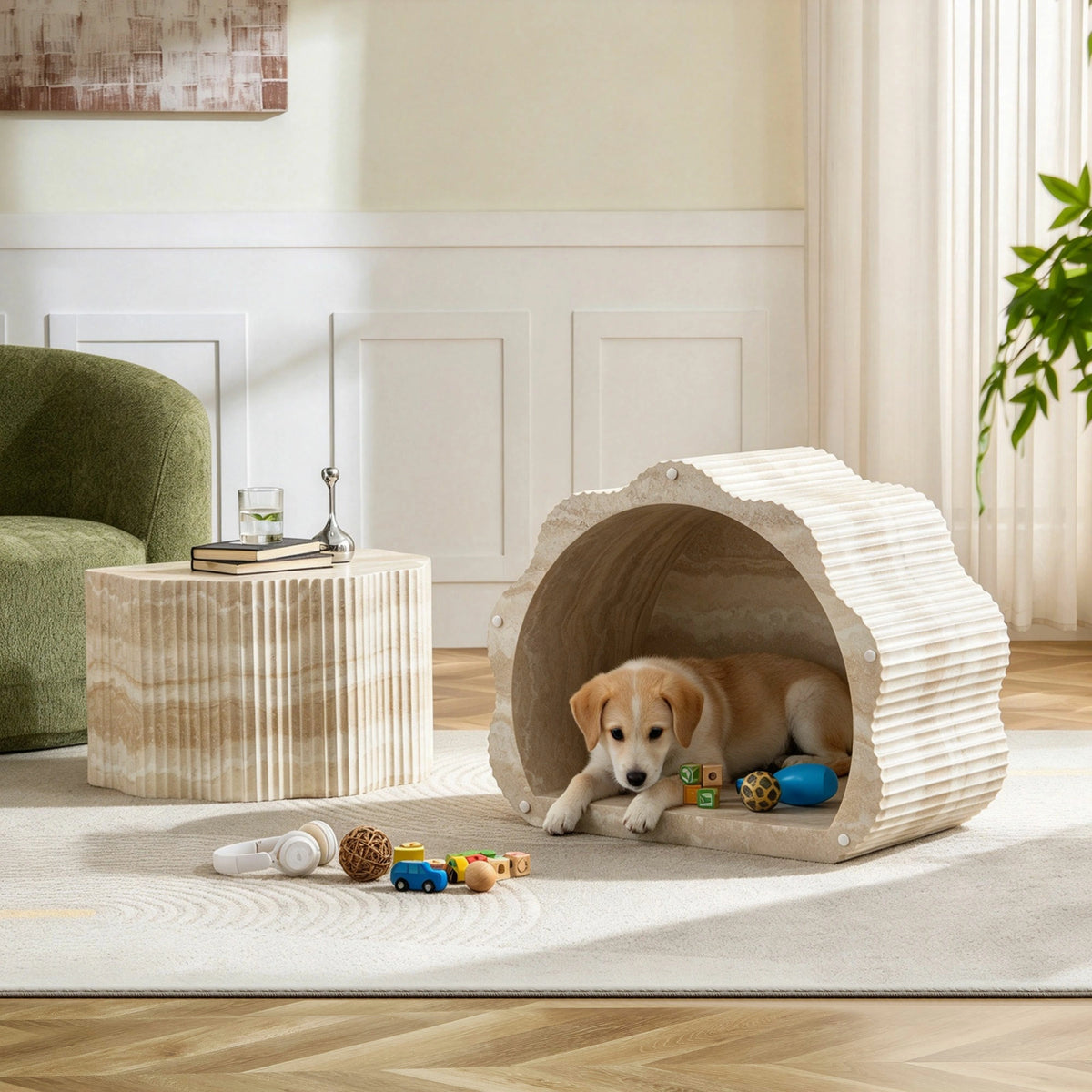 39.61" Pet House Travertine 2-Piece Round Coffee Table Set – No Assembly