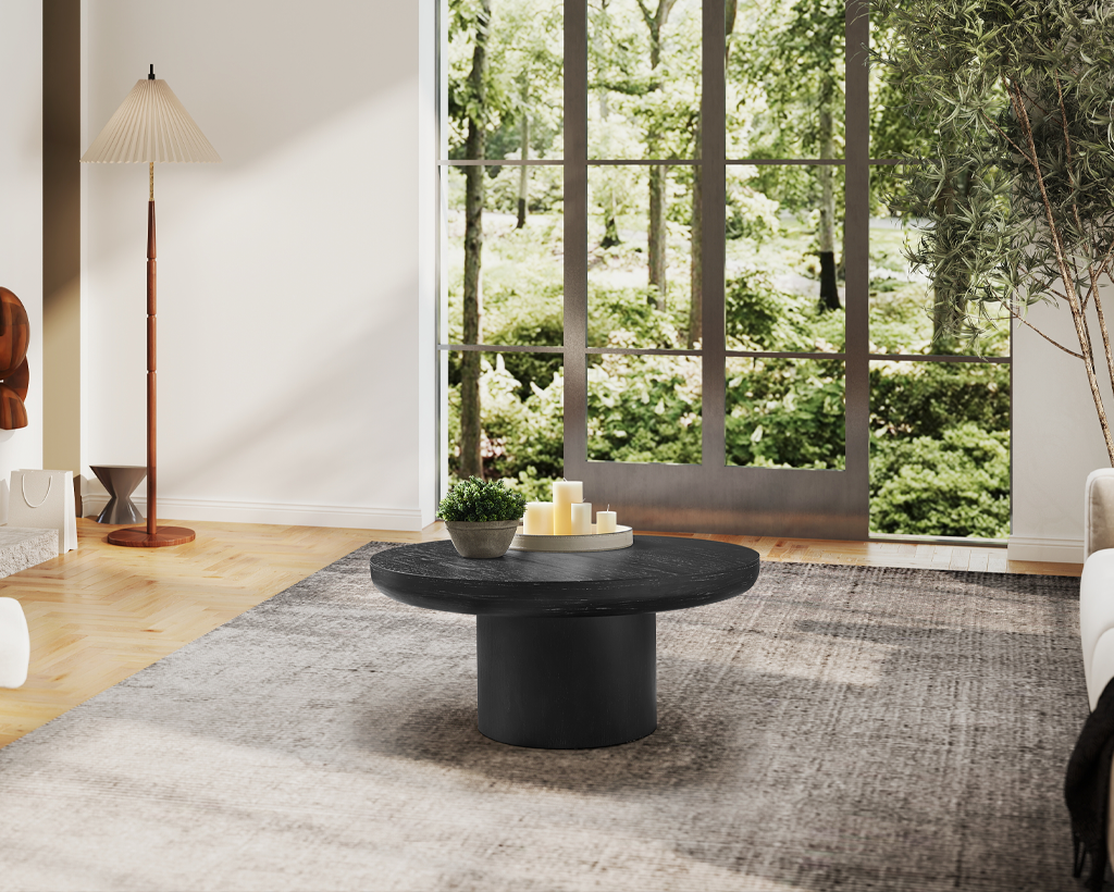 35.98'' Round Wood Veneer Coffee Table with Cylindrical Legs – Modern Side Table
