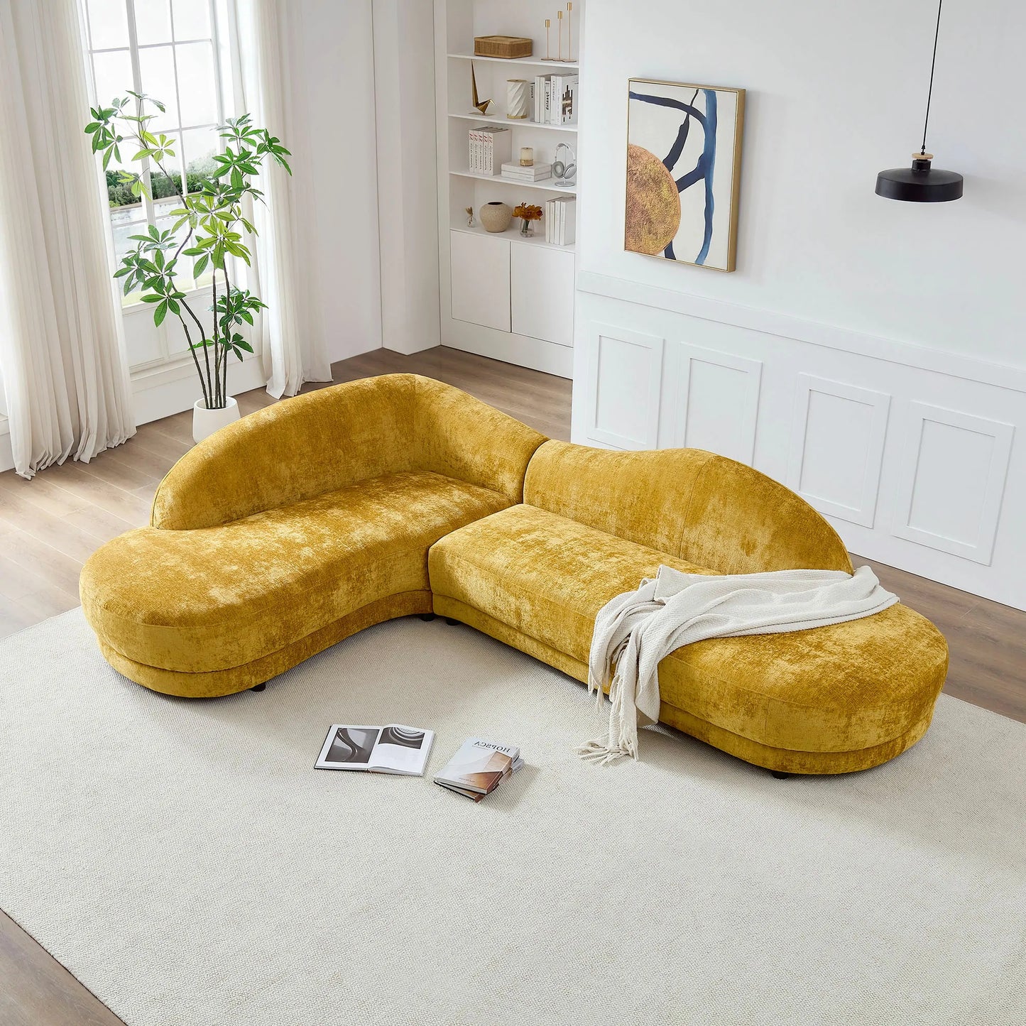 113.78" Mid-Century Chaise Sofa – Right Facing, Upholstered, Yellow