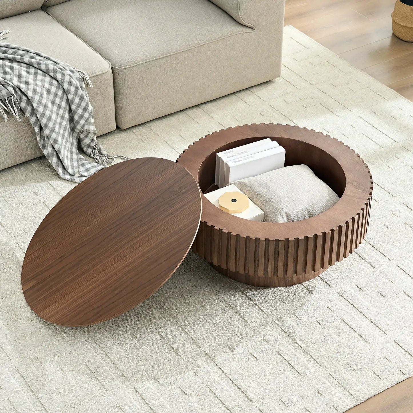 31.49" Round Coffee Table with Storage & Pedestal Base - Multi-Color