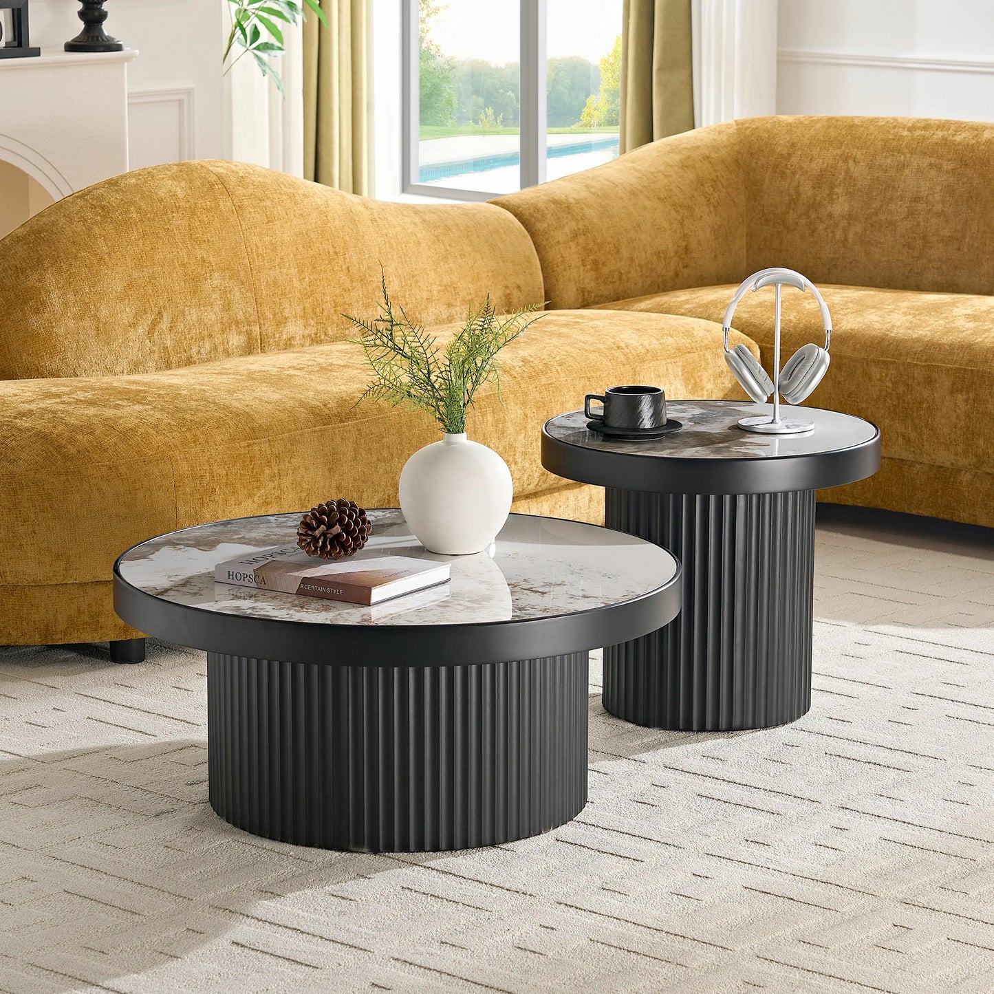 31.50“ Set of 2 MDF Round Coffee Tables with Sintered Stone Top - Black
