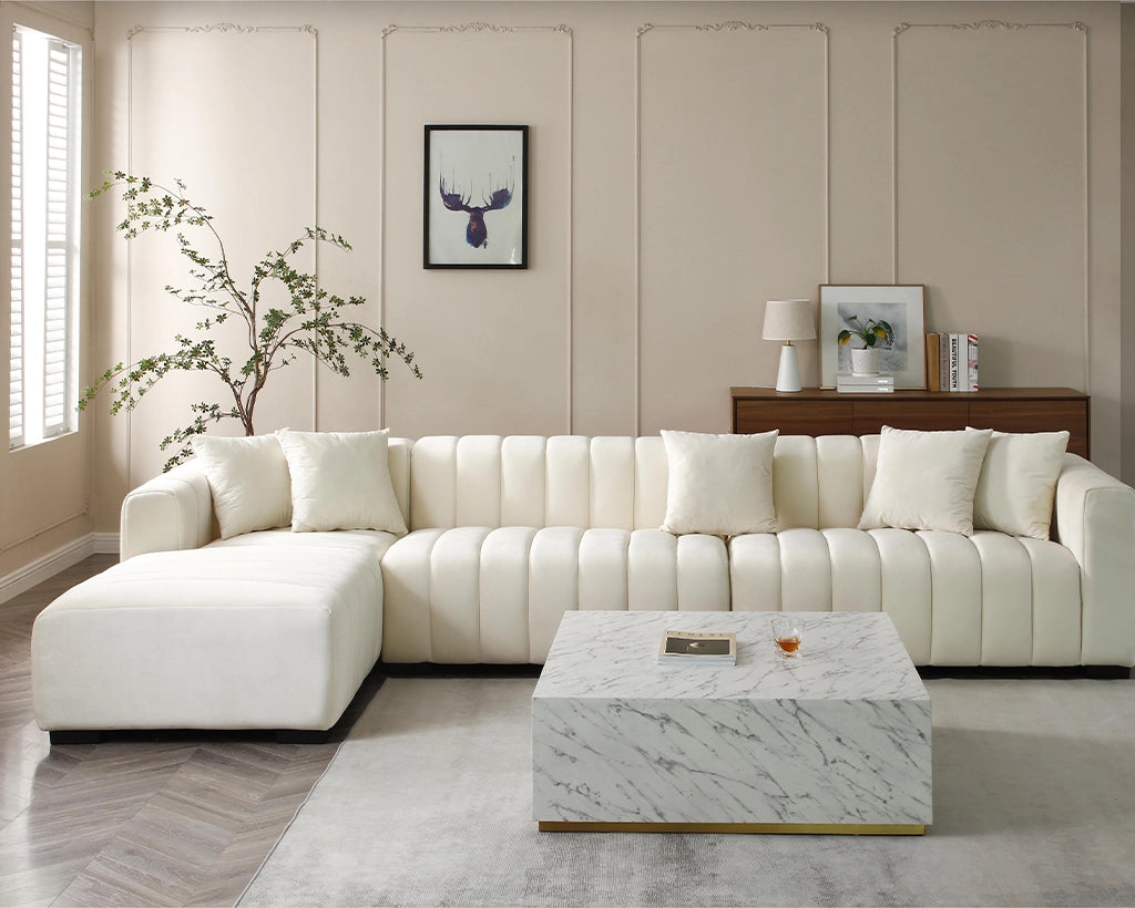 139'' Channel Velvet Material Tufted Sofa Velvet Upholstered Left Chaise Modular Sofa beige