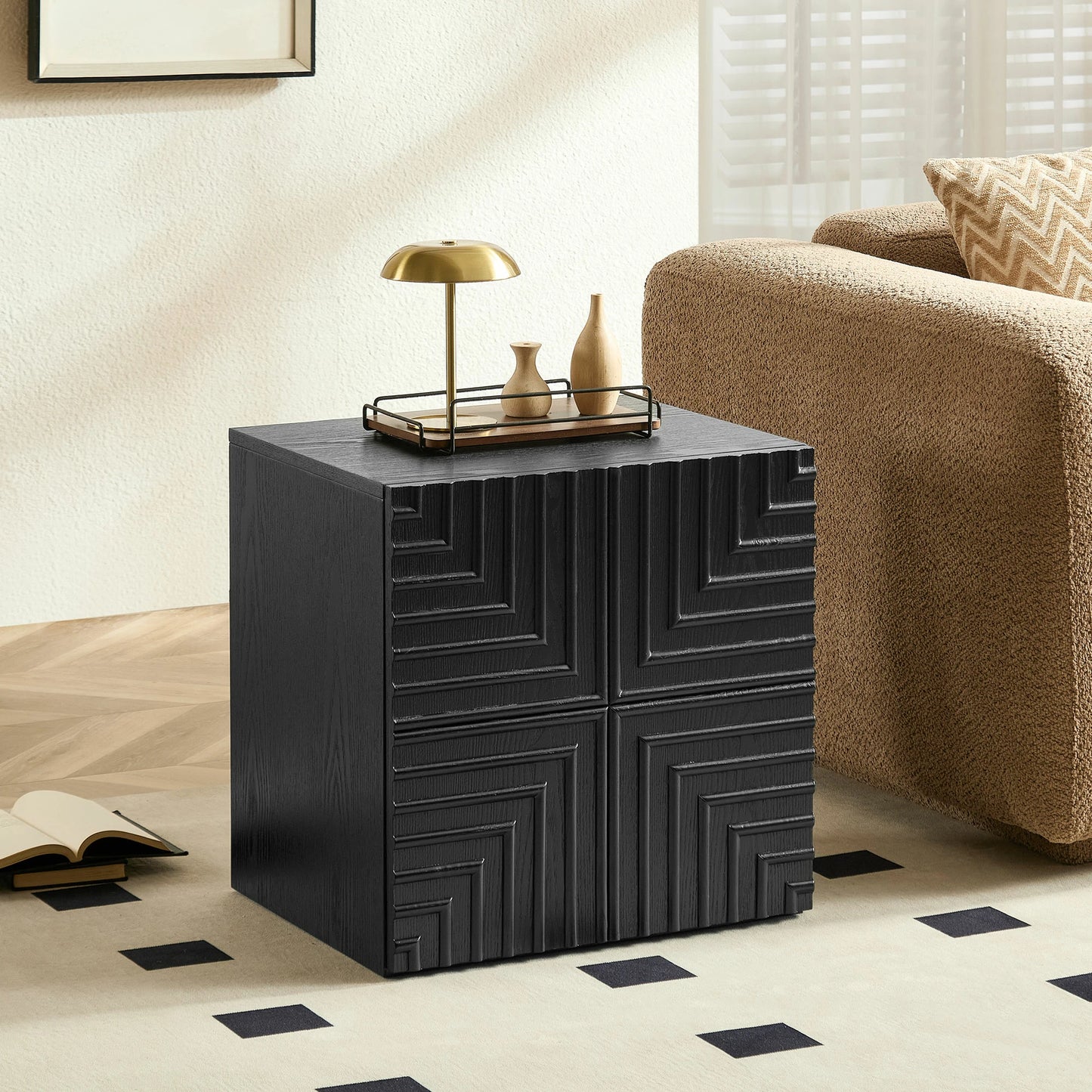 Wooden Side Cabinet – Geometric Embossed Relief, 2 Drawers