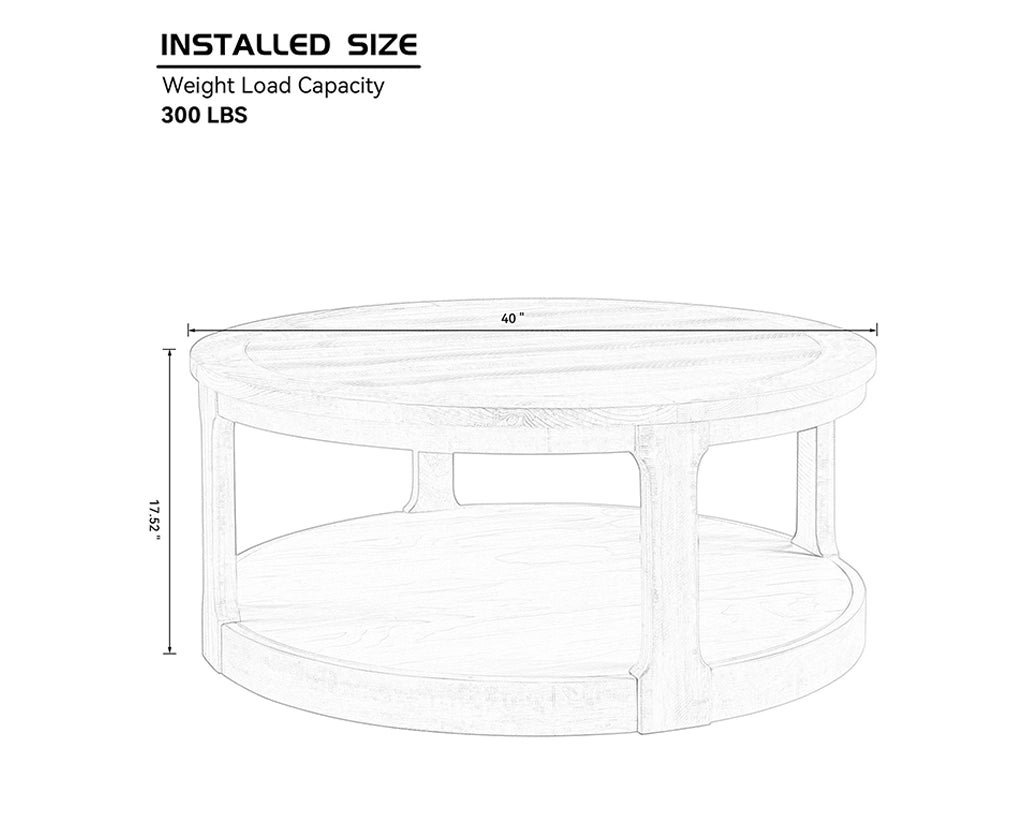 40-Inch Curved 2-Tier Round Wooden Coffee Table with Wheels, Mid-Century Rustic Style