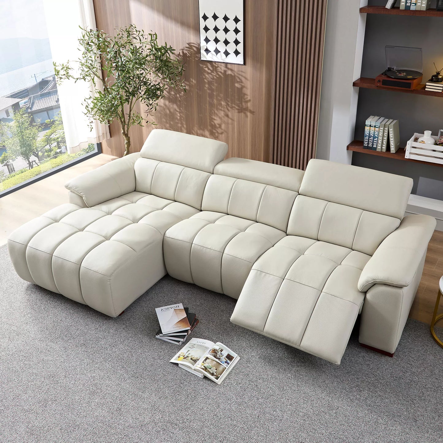 Piano Key Modern Power Reclining Leather Sofa with Theater Seating & USB Port