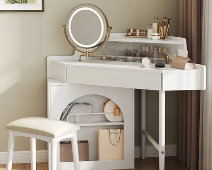Corner Makeup Vanity Desk with LED Lights, Storage & Stool