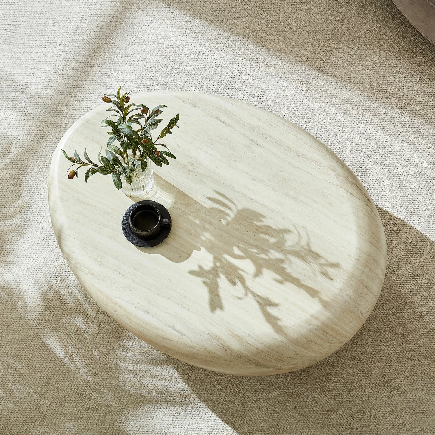 43.31" Elliptical Fiberglass Coffee Table – Matte Rock Texture, No Assembly