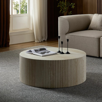 Faux Travertine Round Coffee Table with Eye-Catching Relief Design