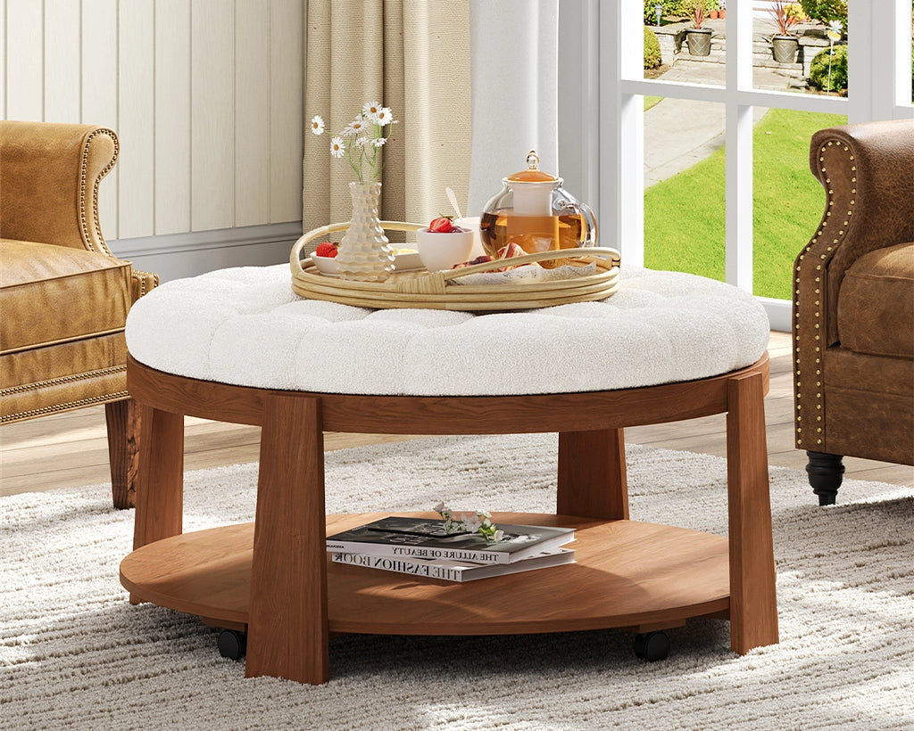 Modern Large Round Ottoman Coffee Table 2-Tier Oversized Button Tufted Ottoman