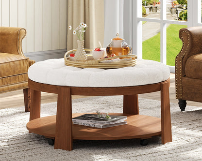 Modern Large Round Ottoman Coffee Table 2-Tier Oversized Button Tufted Ottoman