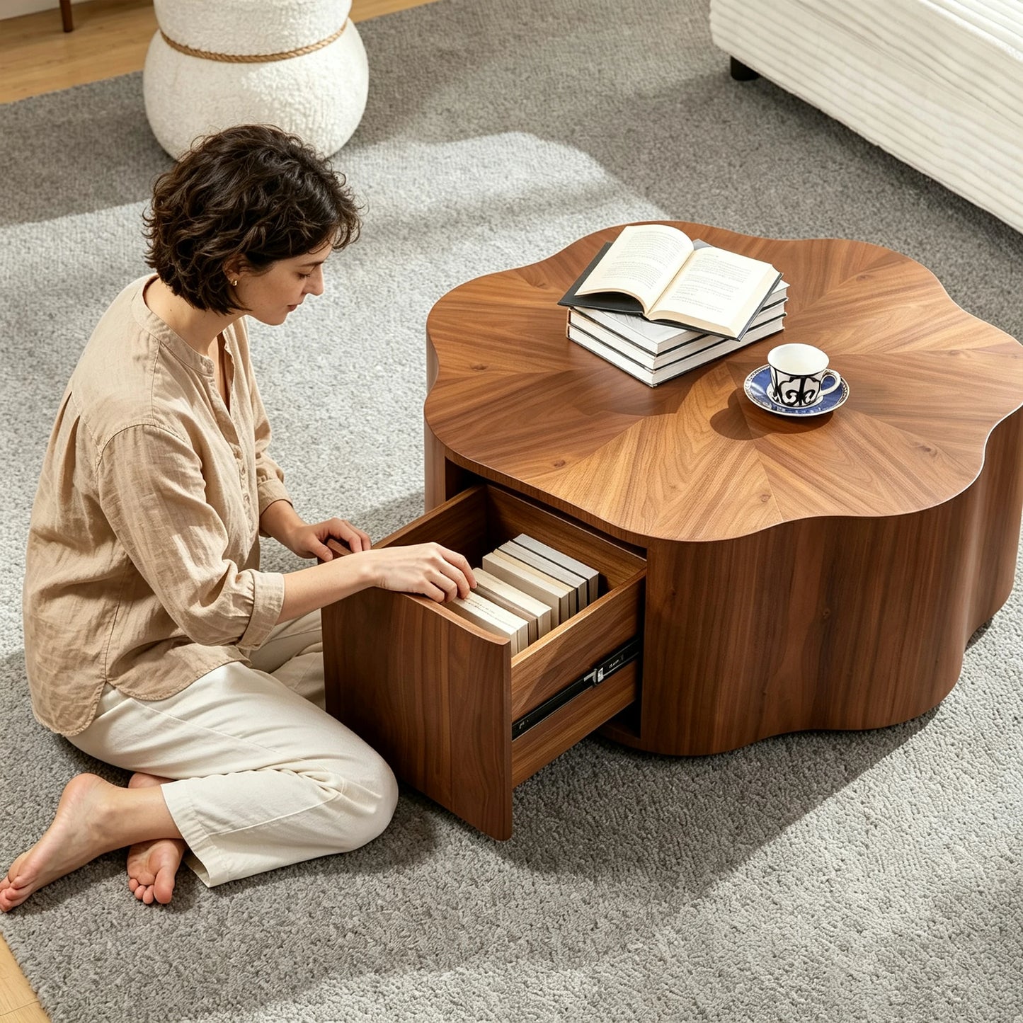 35.43 inch Petal - Small Coffee Table with Hidden Drawer for Living Room