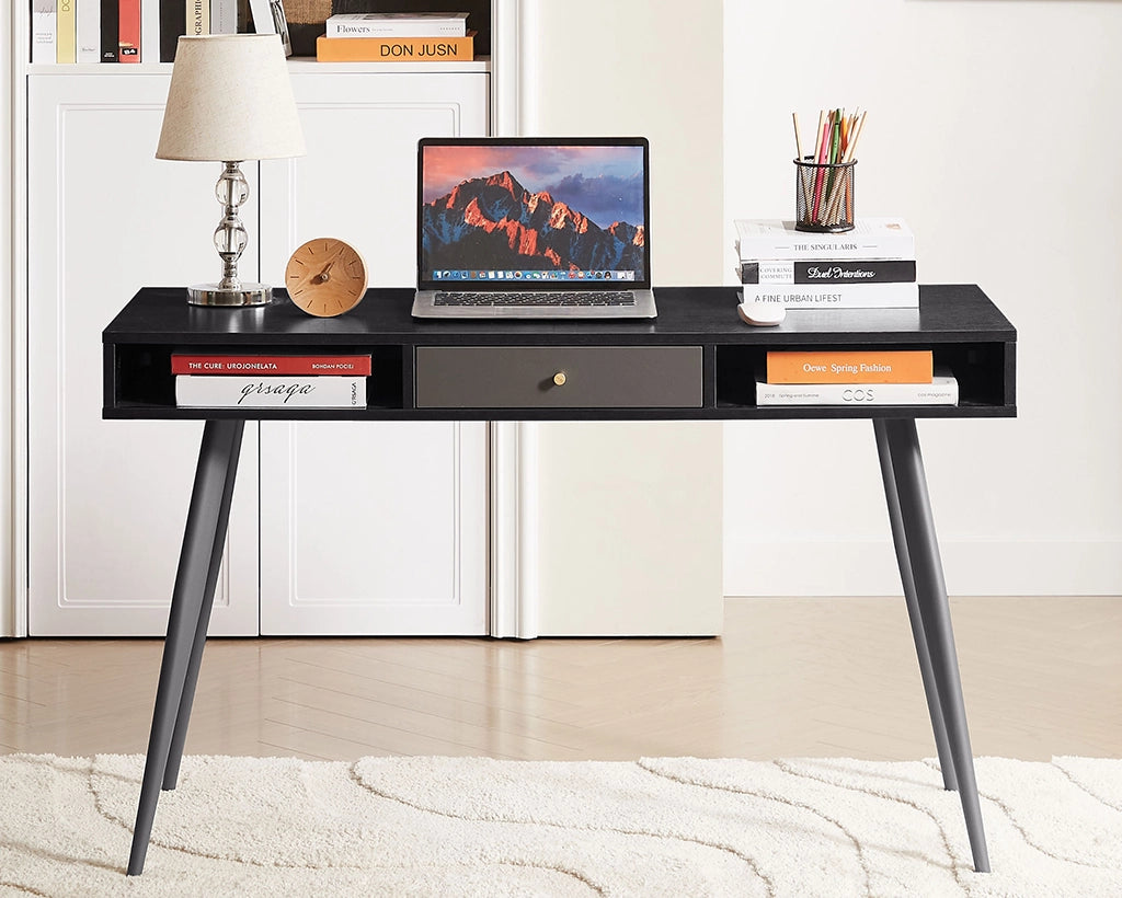 47.24" Mid Century Desk with USB Ports and Power Outlet, Modern Writing Study Desk with Drawers