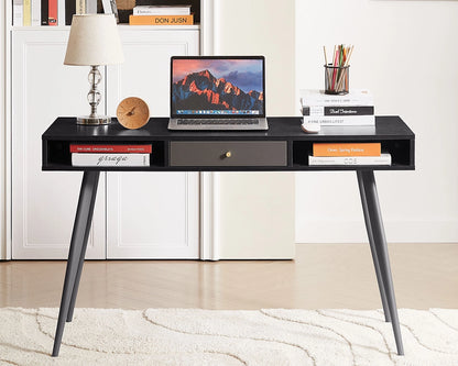 47.24" Mid Century Desk with USB Ports and Power Outlet, Modern Writing Study Desk with Drawers