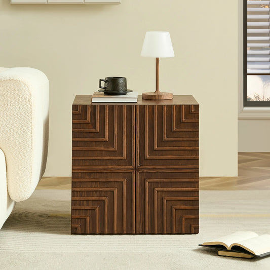 Wooden Side Cabinet – Geometric Embossed Relief, 2 Drawers