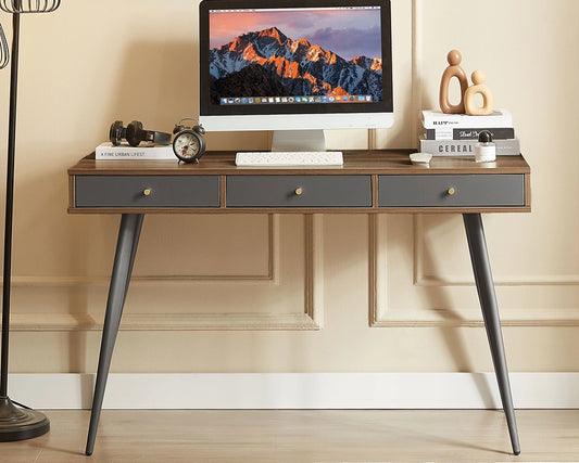 Mid Century Modern Desk with 3 Drawers, Walnut & Dark Grey