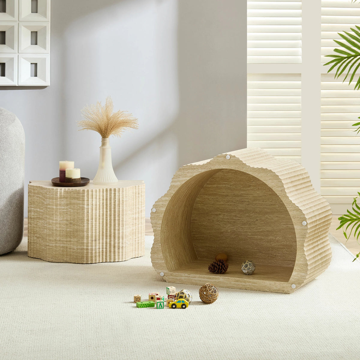 39.61" Pet House Travertine 2-Piece Round Coffee Table Set – No Assembly