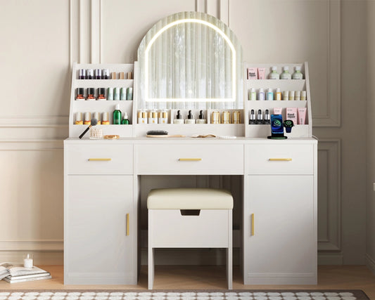 47.2" Makeup Vanity Set with LED Mirror, Storage Stool & Drawers - White