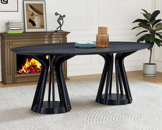 78.74" Ellipse Wooden Dining Table with Pedestal, Walnut/Black