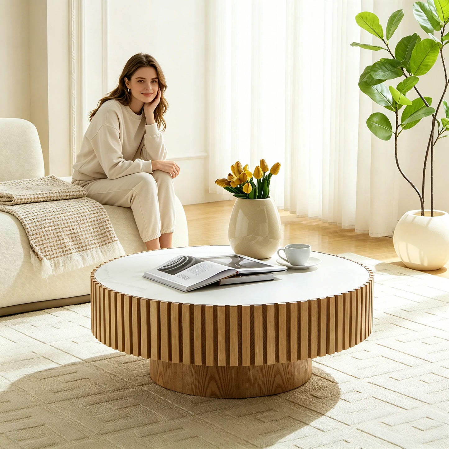 35.43'' Nesting Round Sintered Stone Tabletop Modern Drum Coffee Table