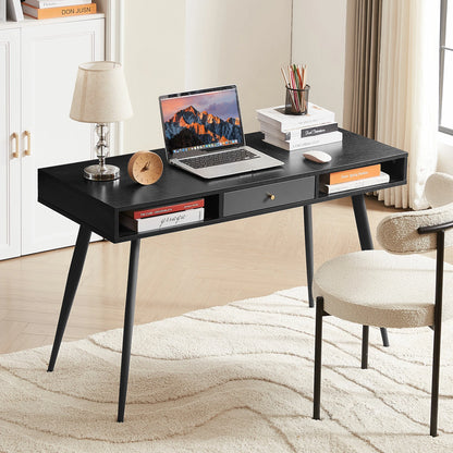 Modern Desk with USB Ports & Outlet, Drawers, Walnut & Black